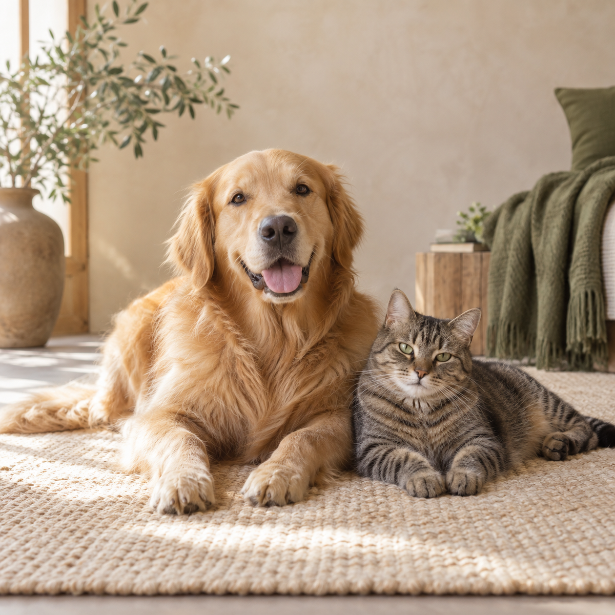 Chien et chat dans un intérieur chaleureux — visuel d’ambiance