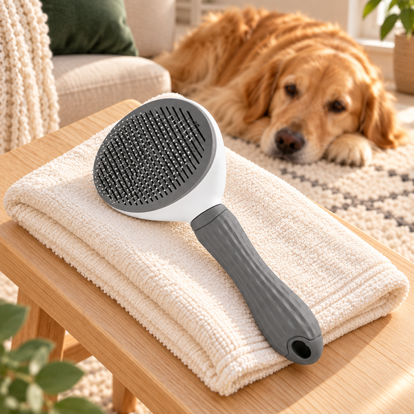 Brosse autonettoyante dans une ambiance de toilettage chaleureuse