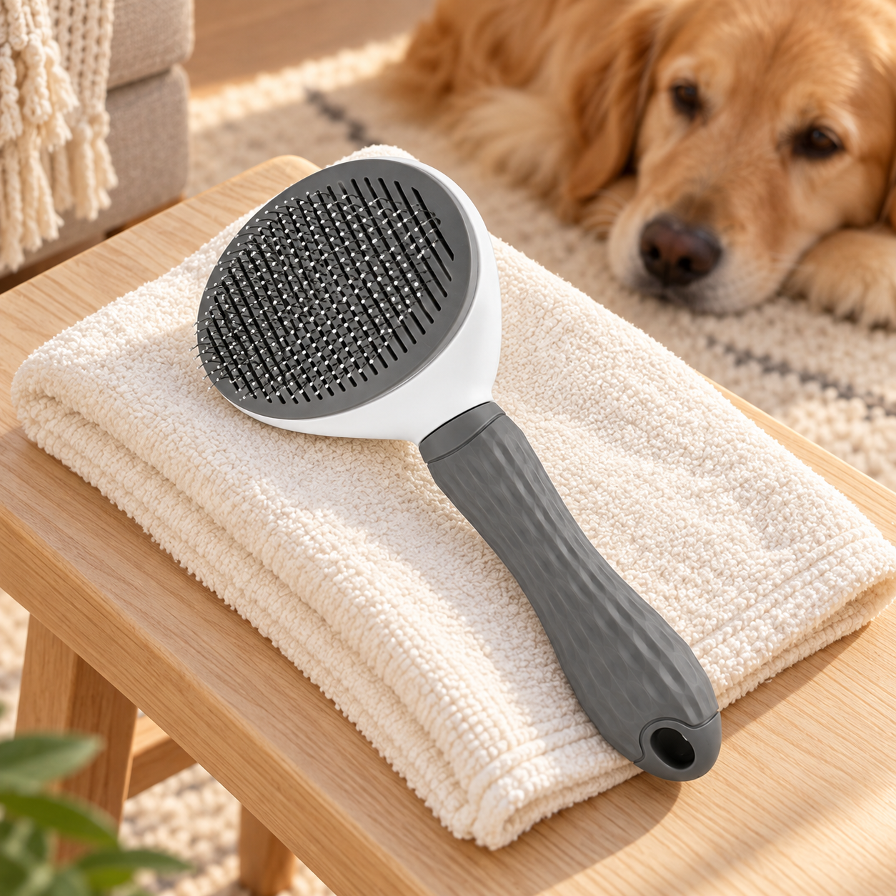 Brosse grise et blanche sur une serviette de toilettage dans un salon