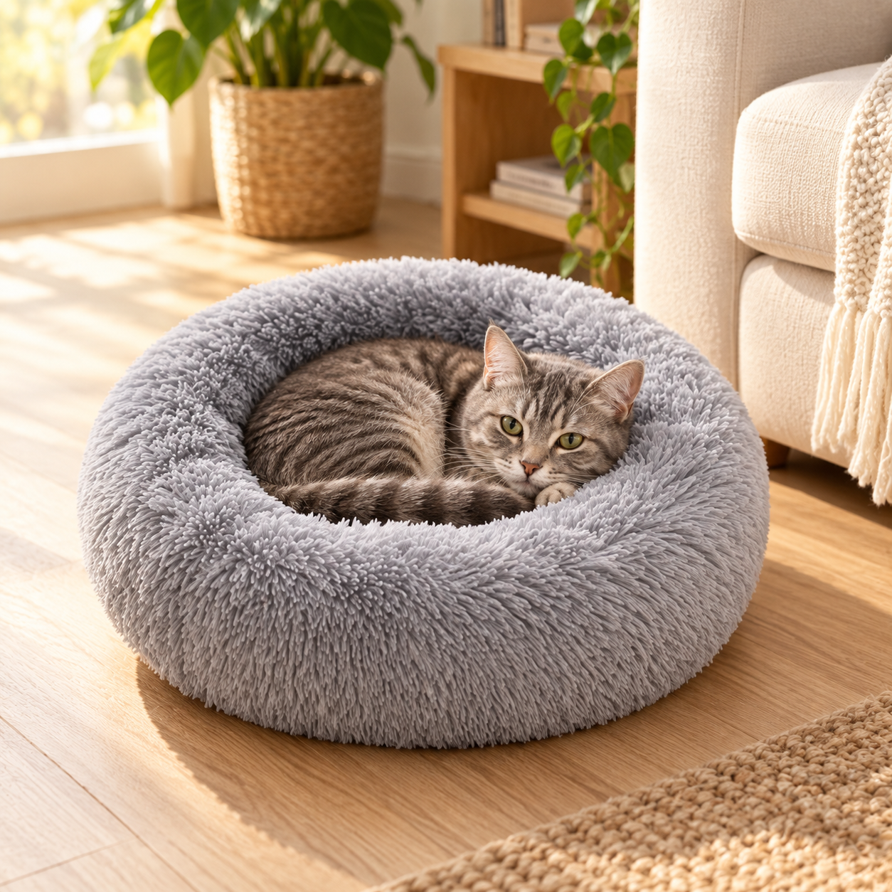 Couchage rond gris dans un salon avec un chat