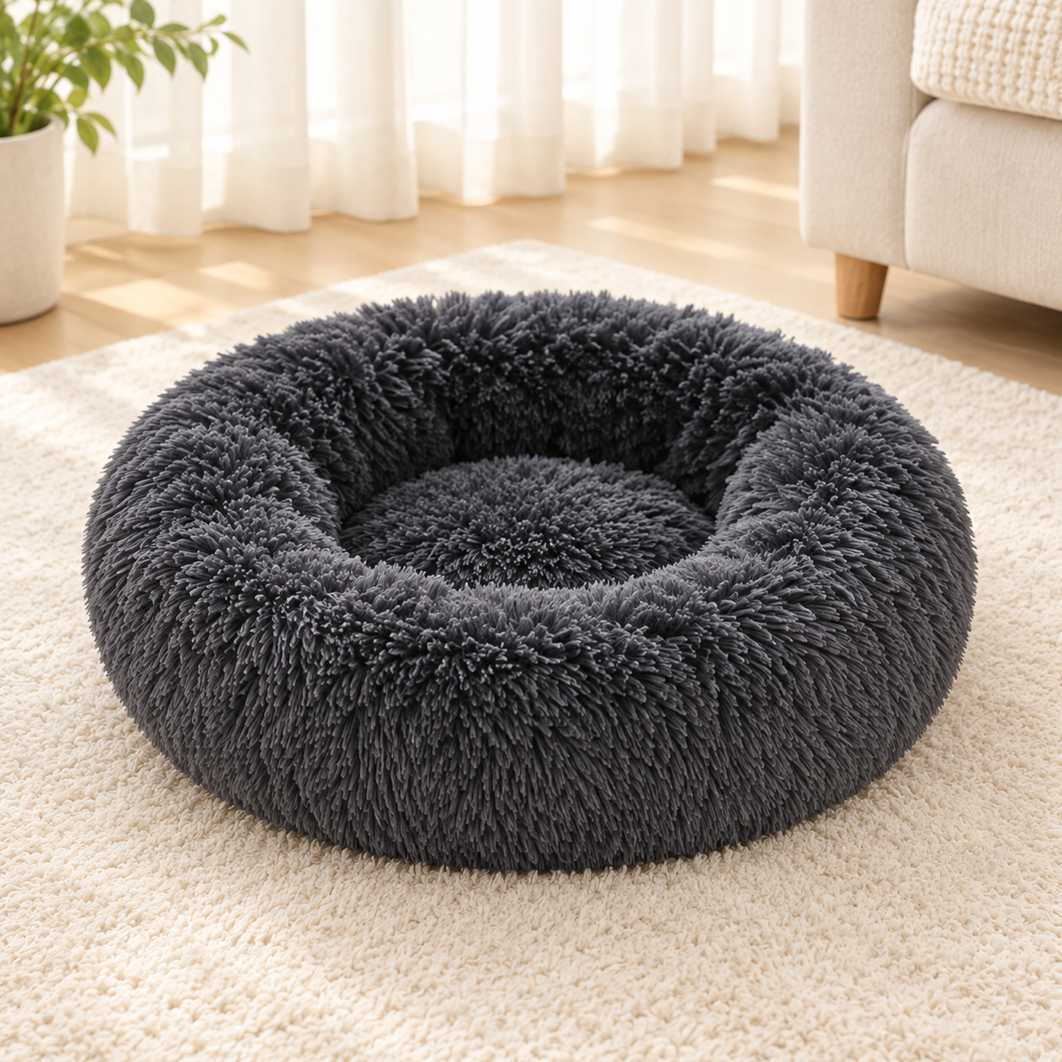 Lit rond en peluche, coloris gris foncé, dans un salon