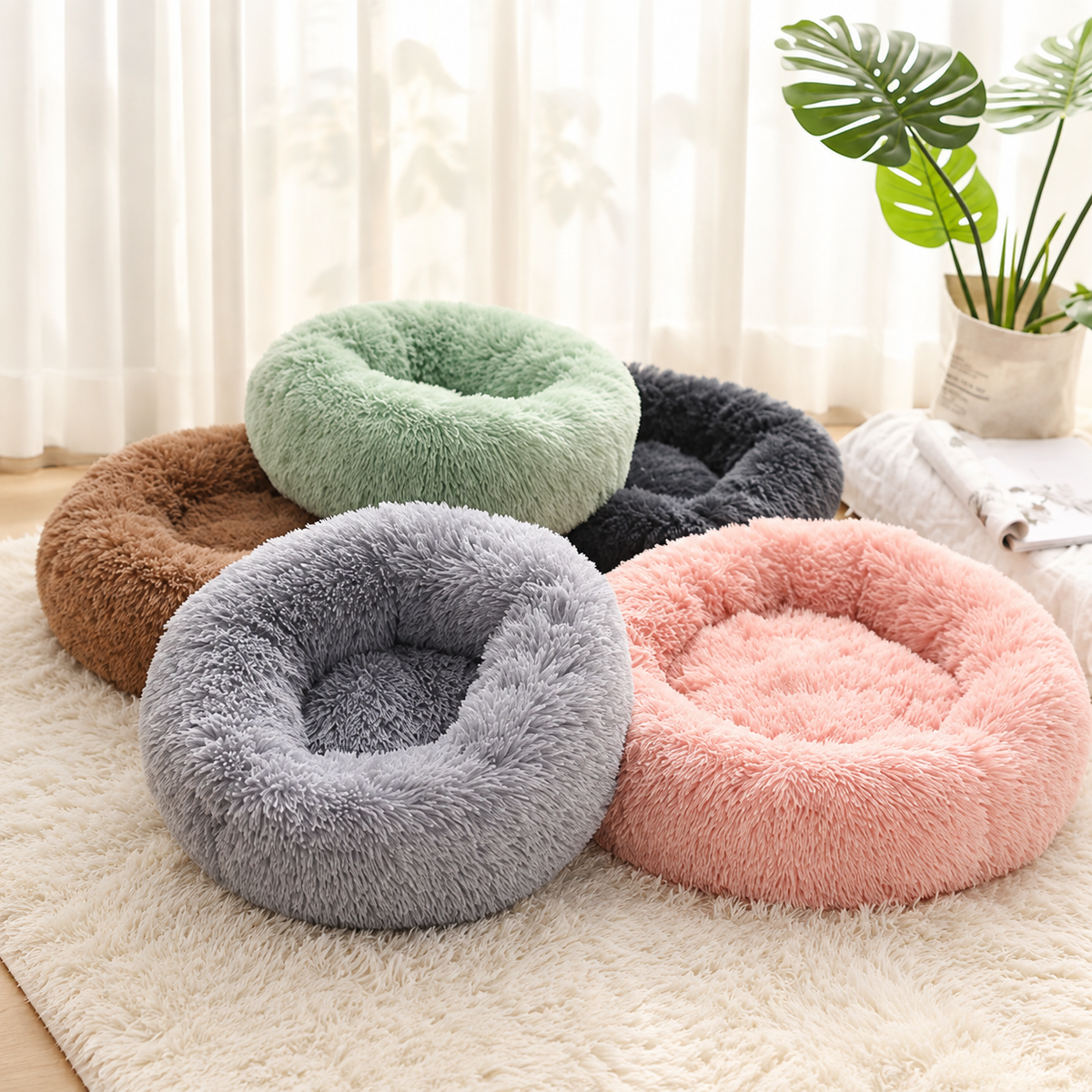 Lits ronds en peluche, cinq coloris