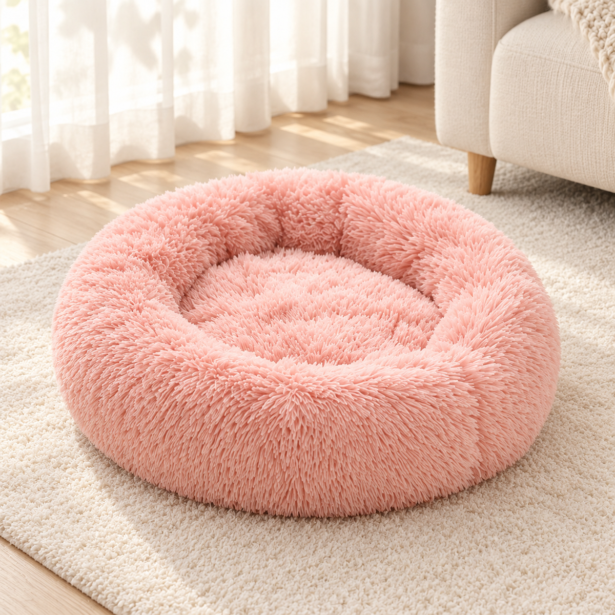 Lit rond en peluche, coloris rose, dans un salon