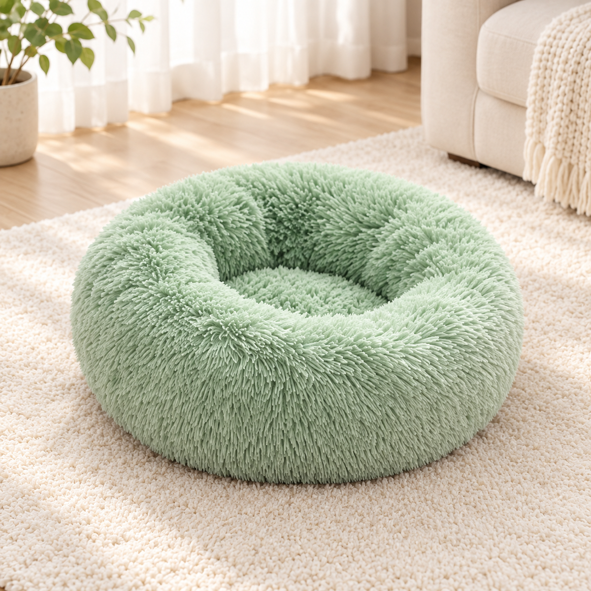 Lit rond en peluche, coloris vert, dans un salon