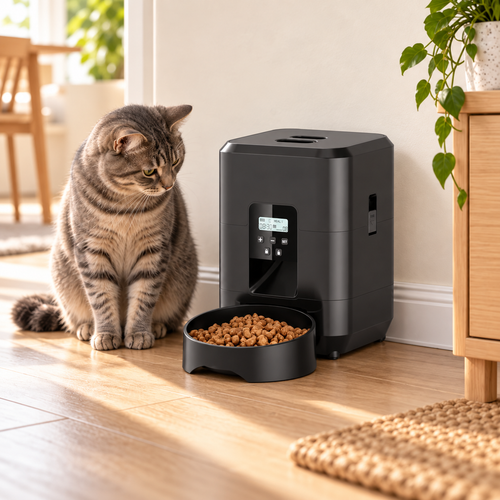 Distributeur automatique noir — version à boutons — avec un chat dans un coin repas lumineux