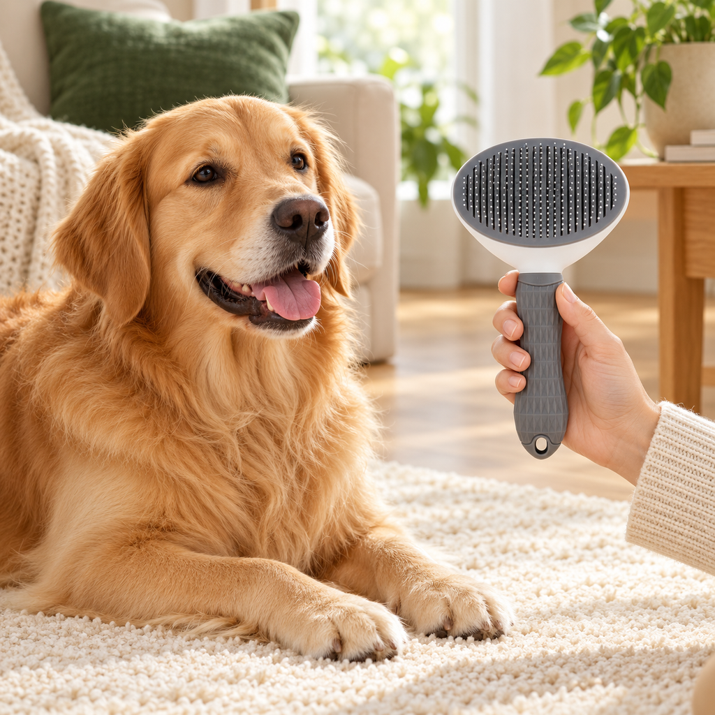 Brosse autonettoyante tenue en main près d’un chien