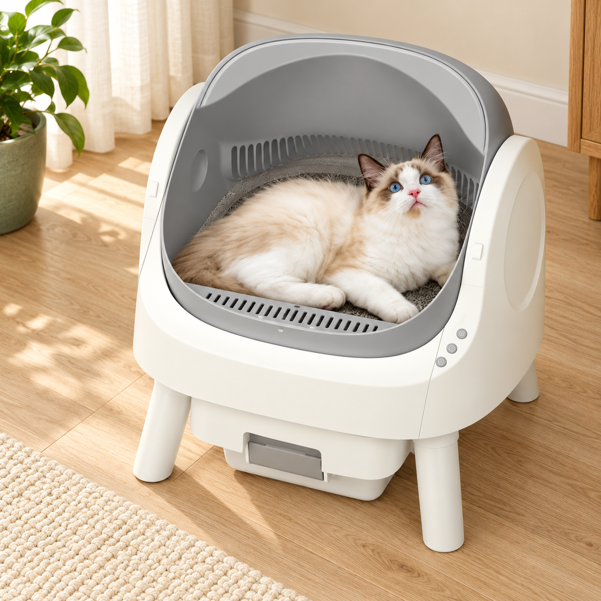 Vue du dessus de la litière automatique ouverte avec un chat